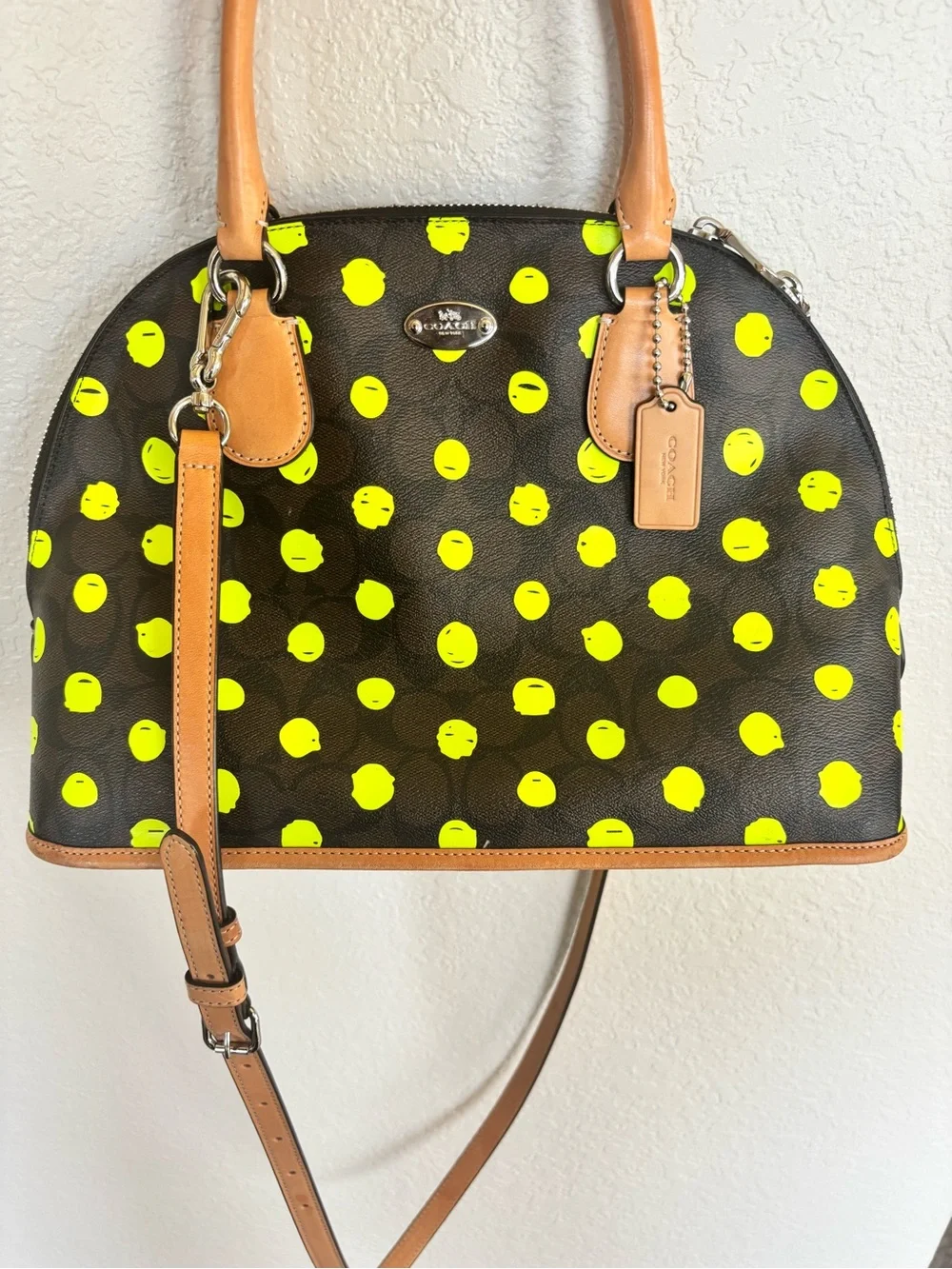 Coach Neon Yellow Dot Dome Satchel with Tan Trim